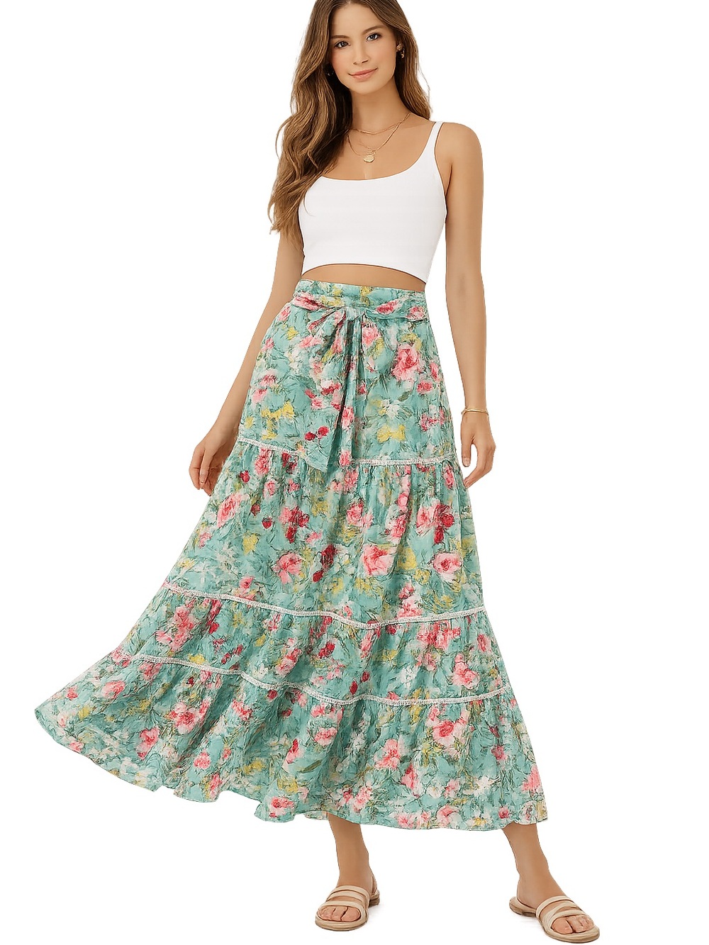 Floral Boho Maxi Skirt | Turquoise Tiered Ruffle Skirt | Spring Summer Outfit